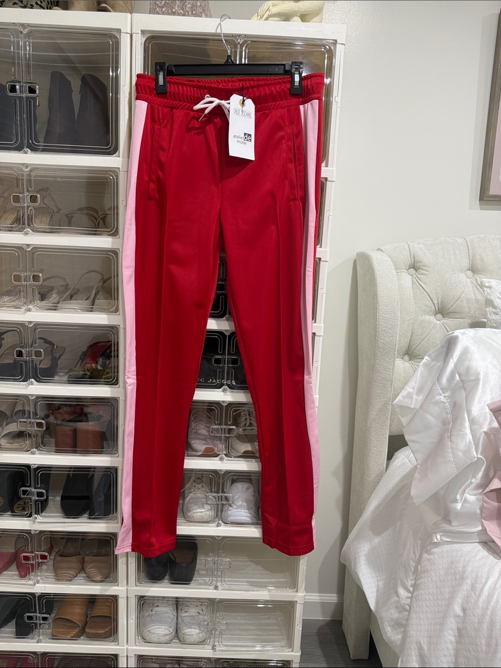Chloe Deschanel Red Satin-Look Pants